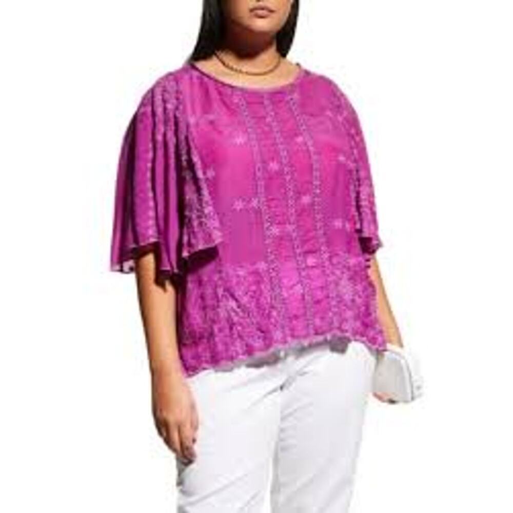 Johnny Was Embroidered Eyelet Purple Rayon Sheer Flutter Sleeve Top Blouse M